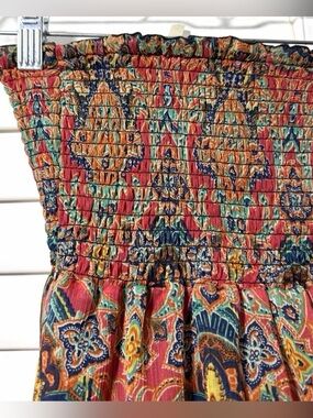 Women’s Strapless Dress Size M Long Maxi Boho Smocked Indie Print Colorful